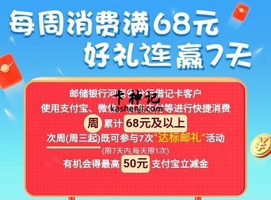 【邮储河南借记卡】每周消费68抽50元立减金(2022.04）